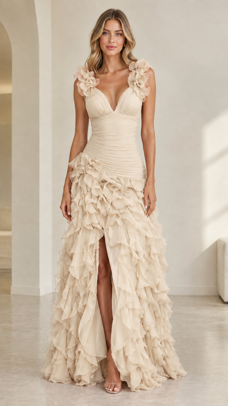 Model wearing champagne cream ruffled floor-length formal gown