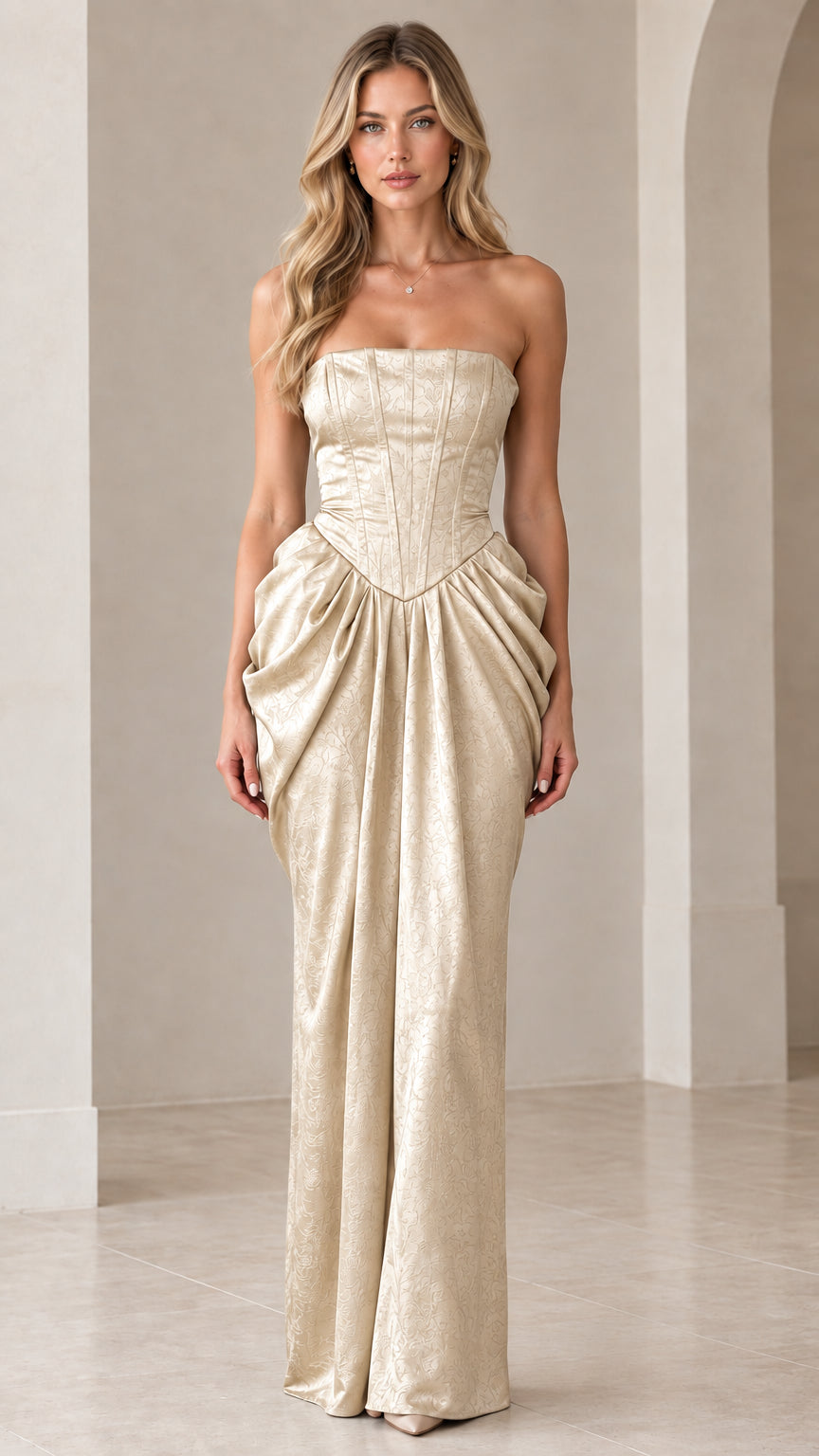 Front view of model wearing Champagne gold strapless corset draped maxi dress