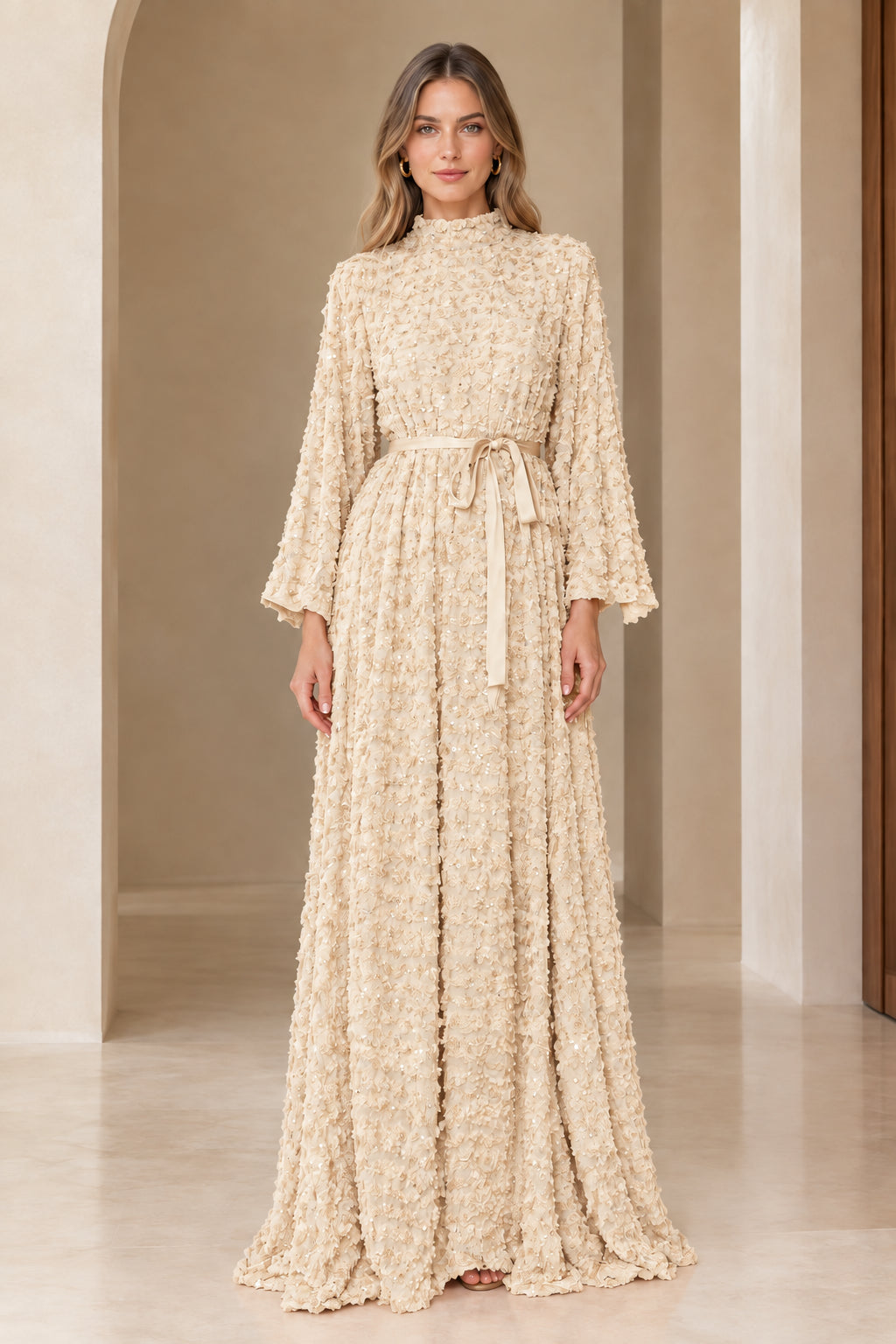 Front full view of champagne beige textured sequin belted maxi dress