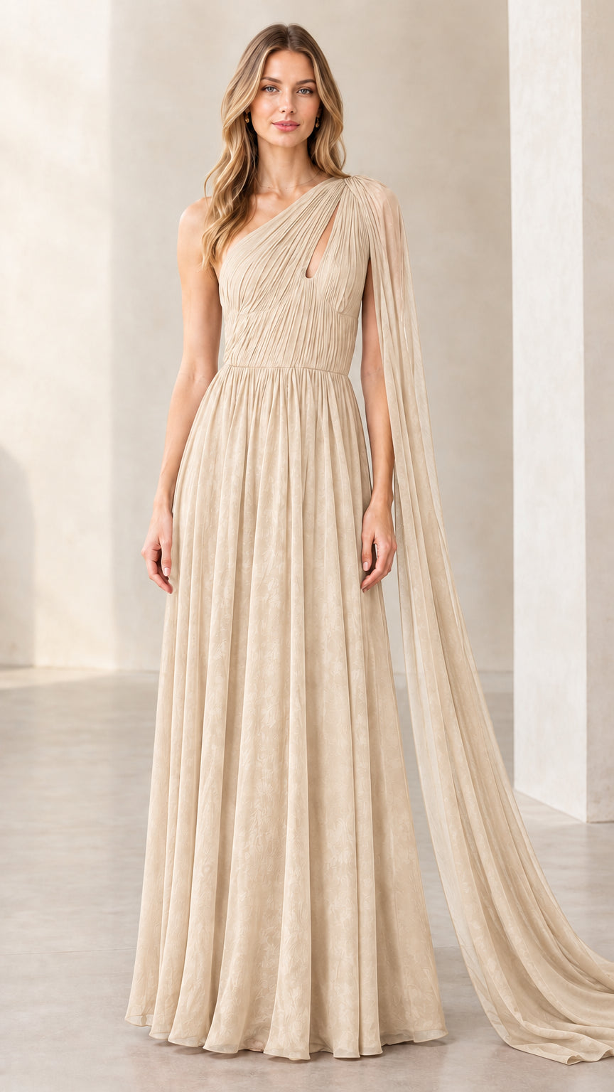 Champagne beige pleated one-shoulder cape formal maxi dress