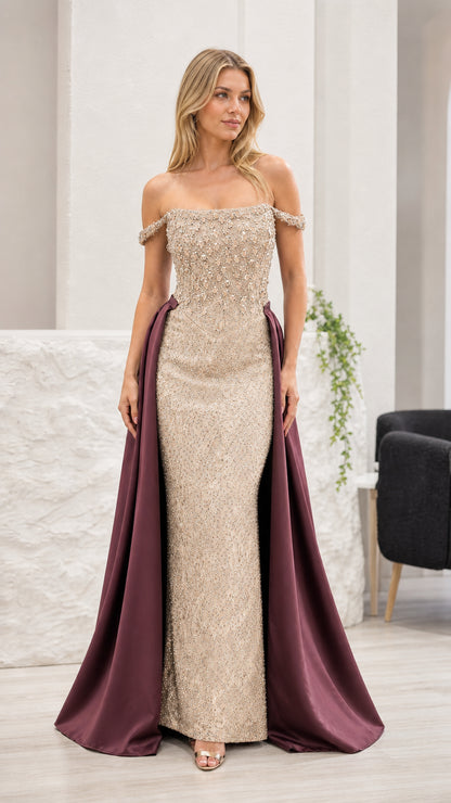 Front view of champagne evening gown with burgundy overskirt variant
