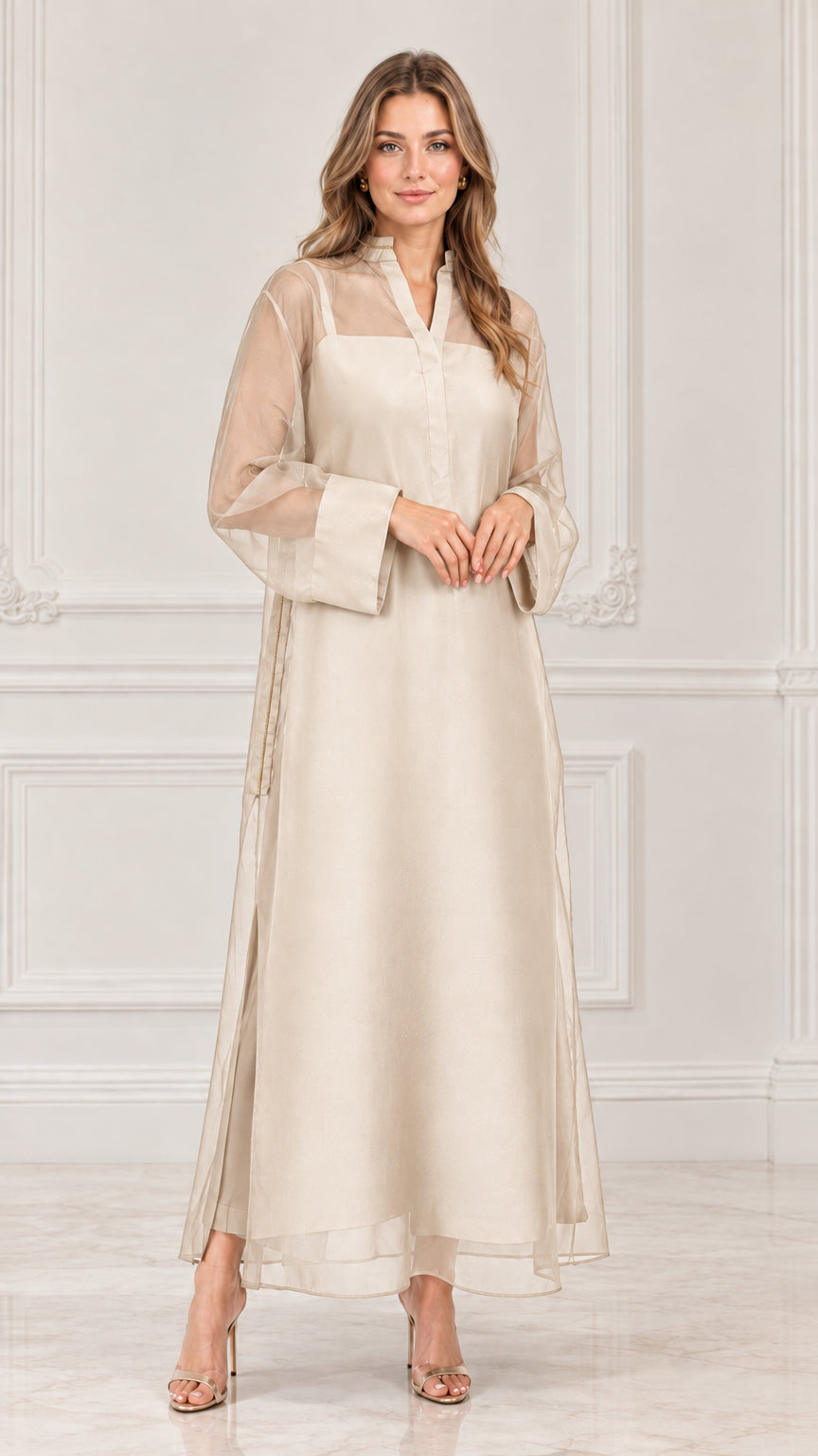 Model wearing champagne beige sheer overlay long sleeve maxi dress