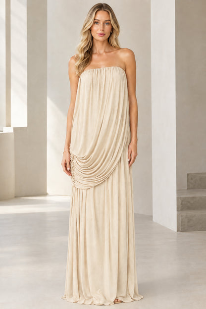 Front view of strapless draped cowl-front maxi dress in champagne