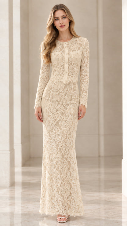 Full-length front view of champagne beige long sleeve lace formal gown