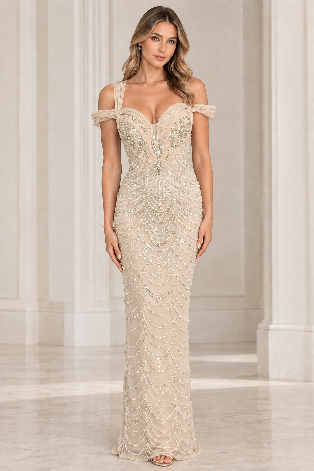 Champagne gold hand-beaded formal evening gown