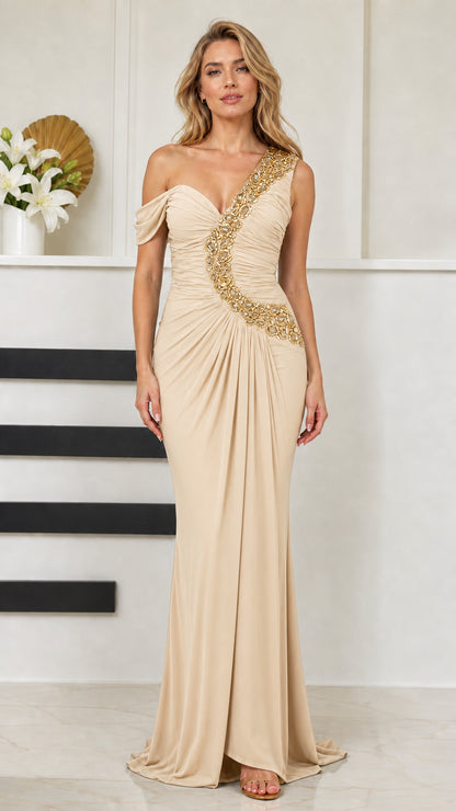 Front view of woman wearing champagne beige one-shoulder embellished evening gown