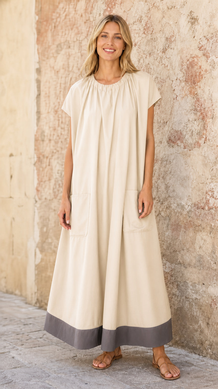 Model wearing Beige neutral tone relaxed gathered neckline maxi dress