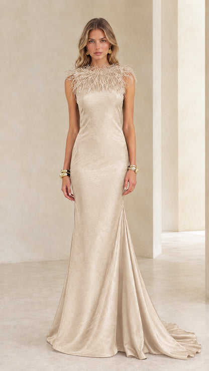Champagne open back feather trim mermaid evening gown