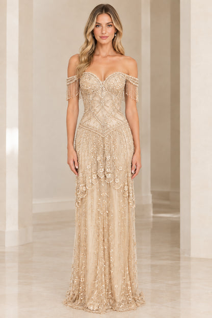 Champagne gold beaded fringe sweetheart evening dress
