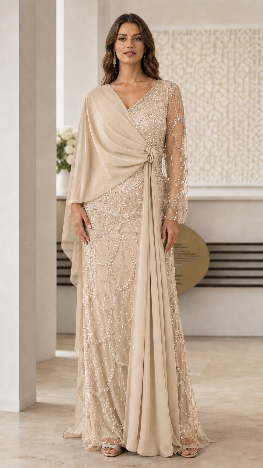Full length view of champagne formal evening gown