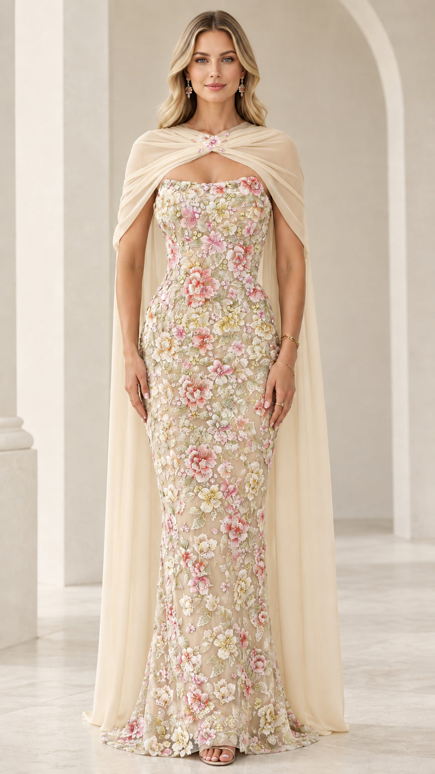 Champagne floral embroidered evening gown with sheer cream capelet