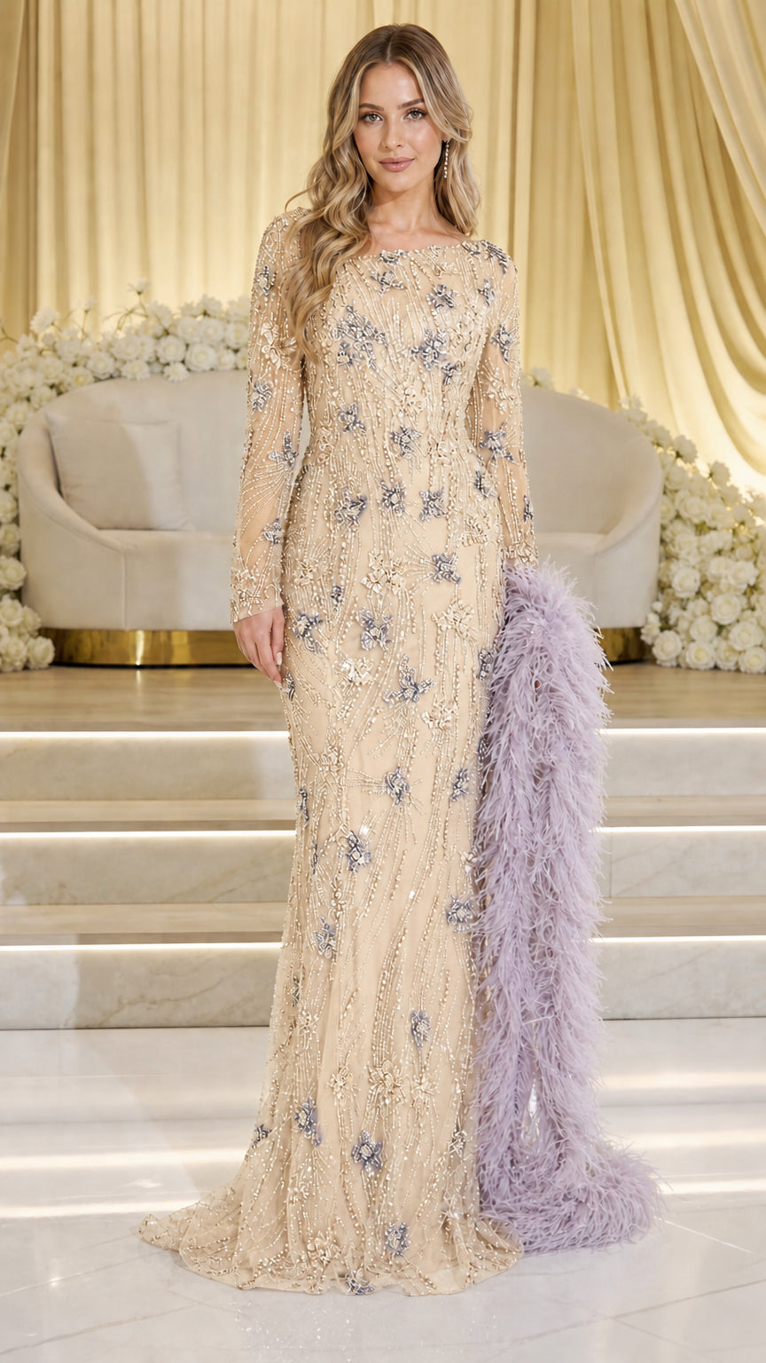 Champagne embellished long sleeve evening gown with feather accent