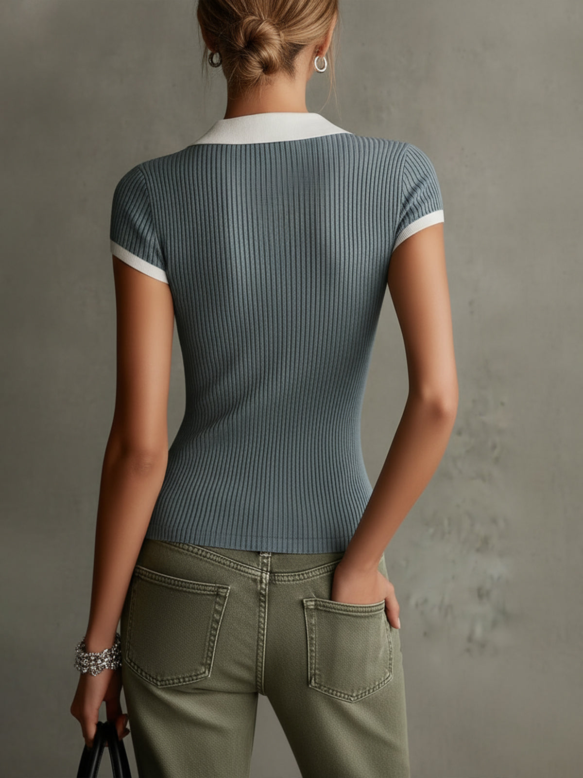 Blue Ribbed Knit Top With Contrast Collar And Deep V-Neck