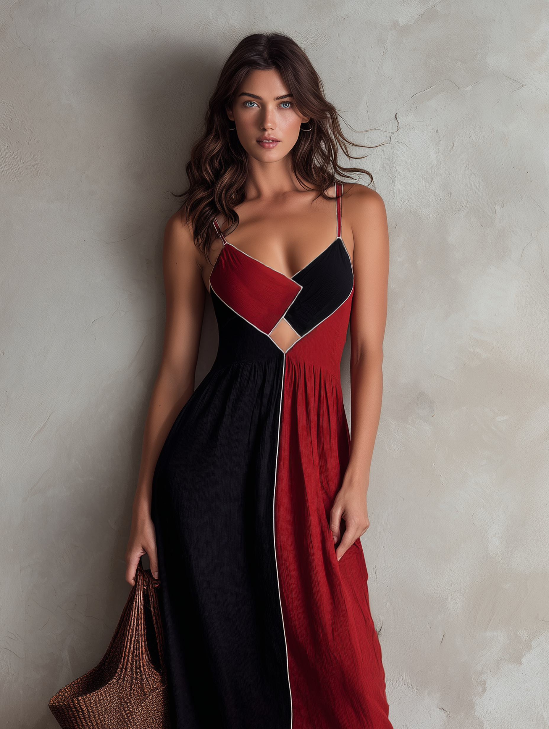 Women's Casual Red And Black Color-block Cotton-linen Sleeveless Maxi Dress With Straps MDZ1748F8LXY