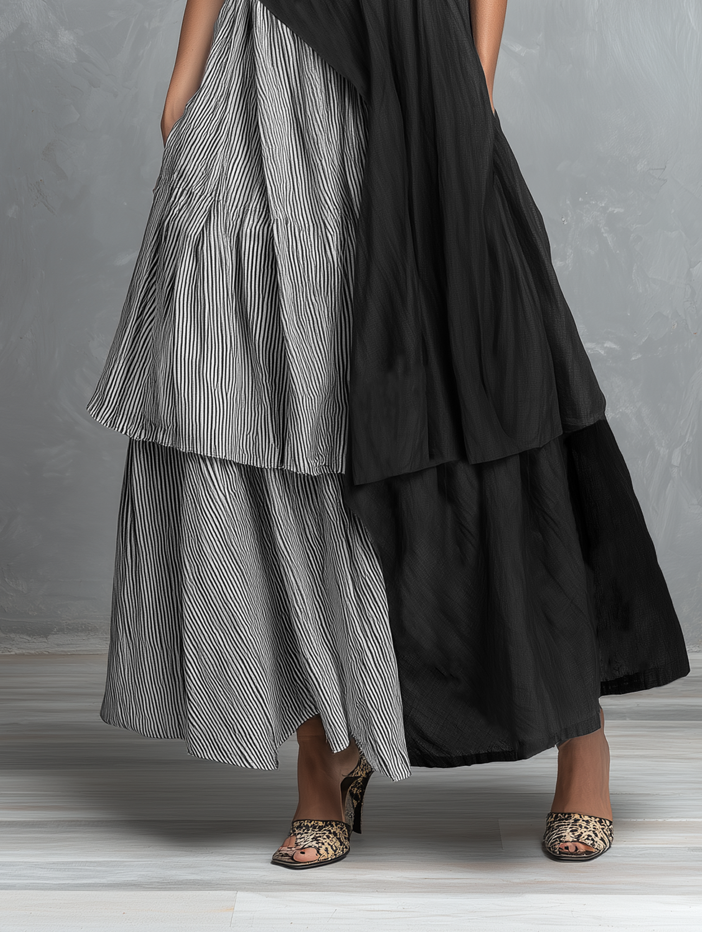 Women's Linen-Blend Striped Color-Block Short-Sleeve Maxi Dress MDZ1840F2WY