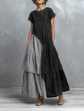 Women's Linen-Blend Striped Color-Block Short-Sleeve Maxi Dress MDZ1840F2WY