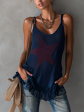 Navy Blue Knit Tank Top With Red Star Pattern And Fringe Hem
