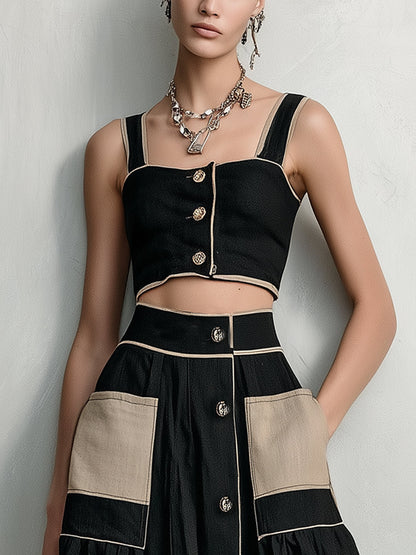 Black Contrast Patch Pocket Button-Up Crop Top & Maxi Skirt Set