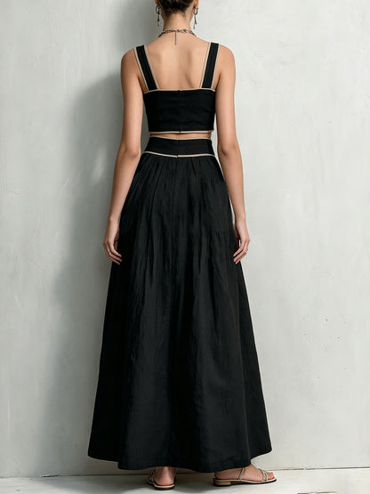 Black Contrast Patch Pocket Button-Up Crop Top & Maxi Skirt Set