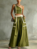 Olive Green One-Shoulder Zip Front Crop Top & Wide-Leg Pocket Pants Set