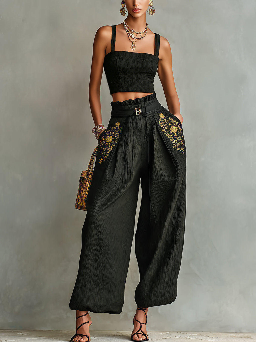 Black Smocked Crop Top & Wide-Leg Belted Pants Set With Embroidered Pockets