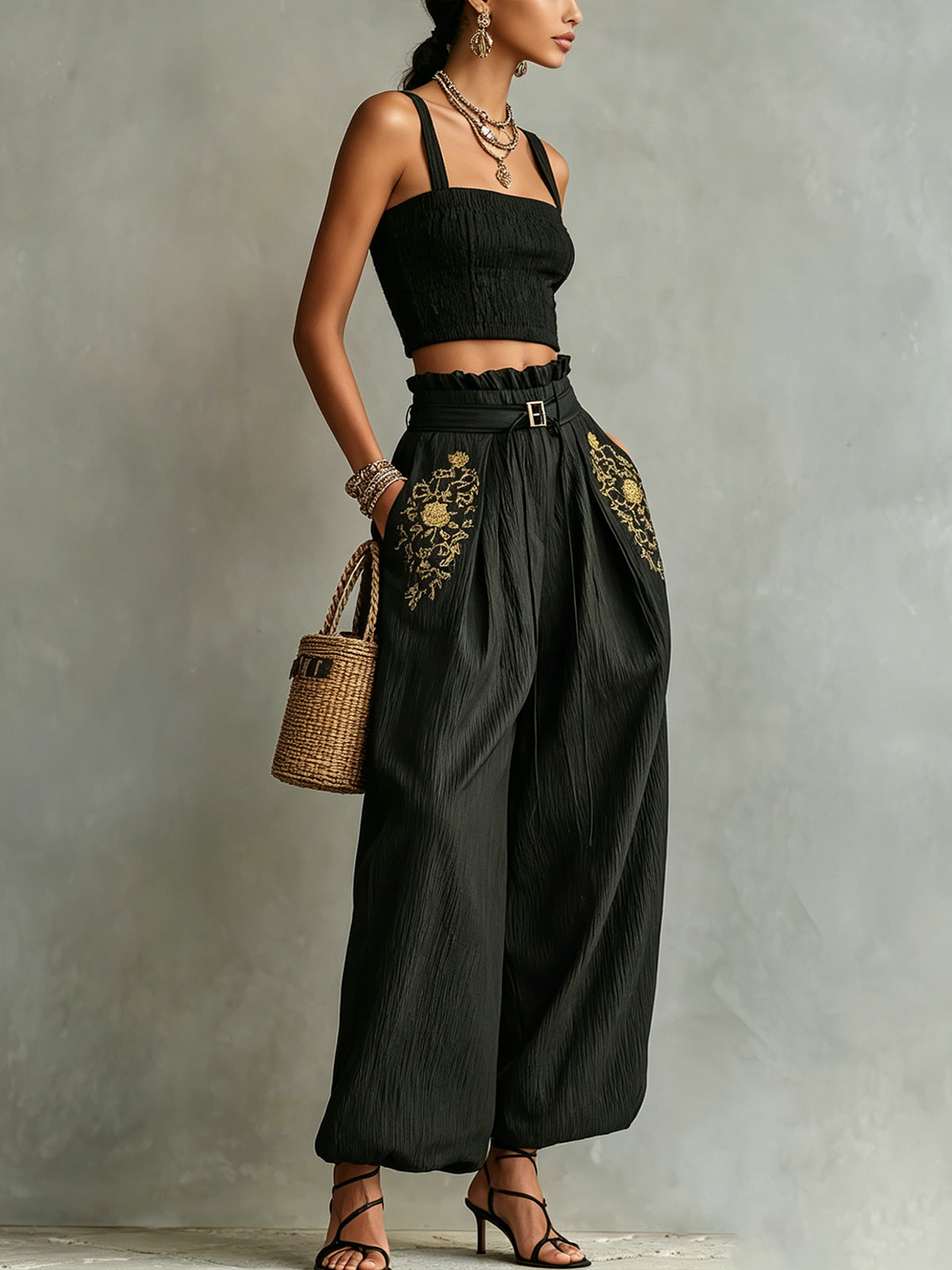 Black Smocked Crop Top & Wide-Leg Belted Pants Set With Embroidered Pockets