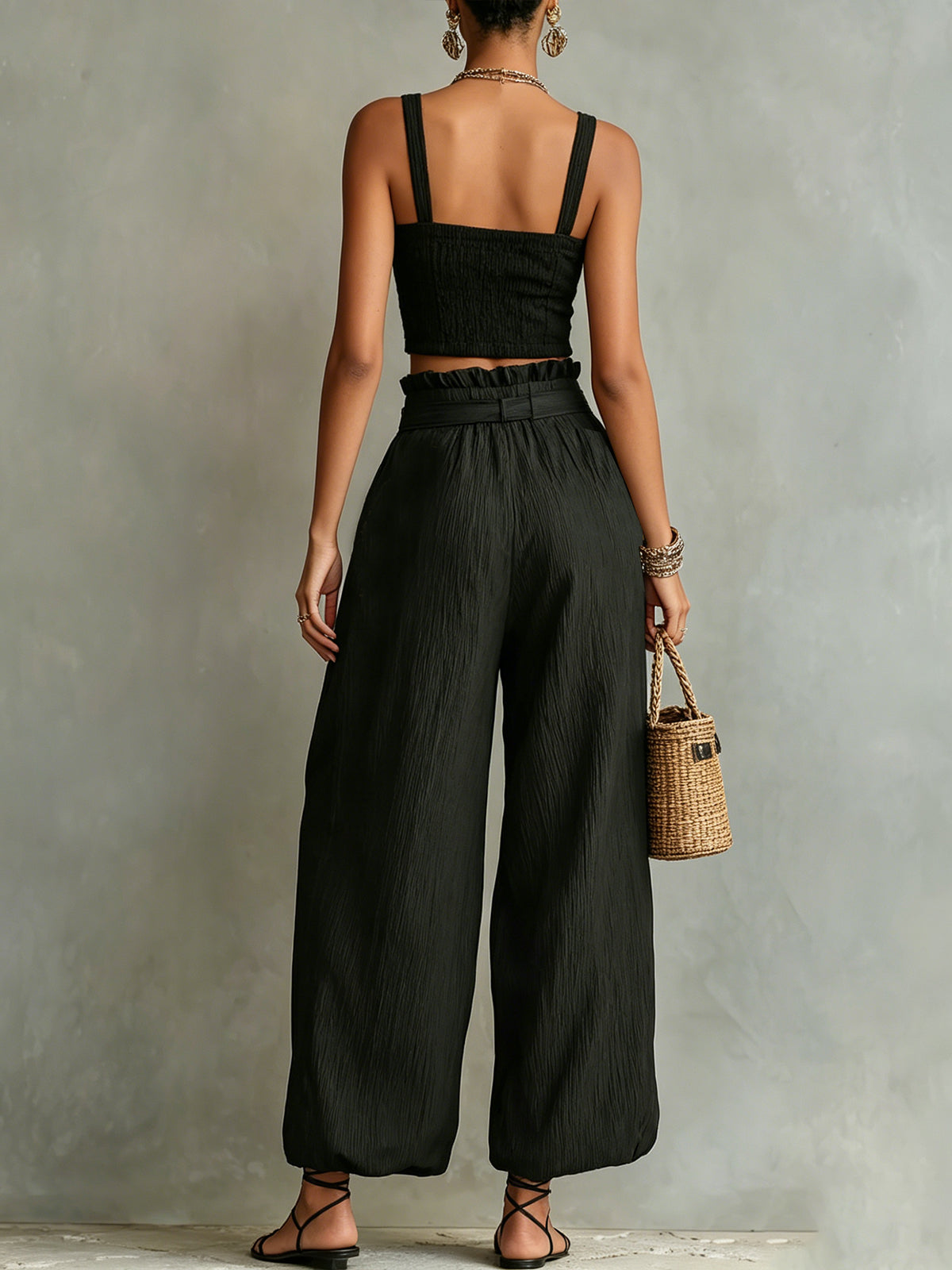 Black Smocked Crop Top & Wide-Leg Belted Pants Set With Embroidered Pockets