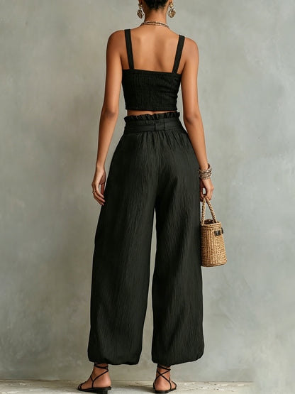 Black Smocked Crop Top & Wide-Leg Belted Pants Set With Embroidered Pockets