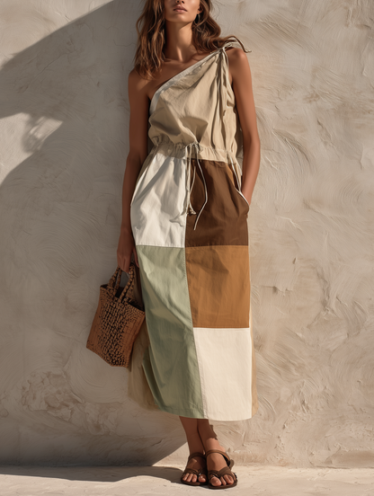 Women's Casual Khaki Color-blocked Woven One-shoulder Sleeveless Maxi Dress MDZ1836F2LXY