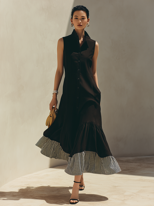 Women's Black Sleeveless Stand-Collar Shirt-Style Maxi Dress With Striped Ruffle Hem MDZ2289F8ZRK