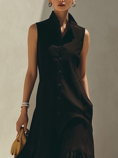 Women's Black Sleeveless Stand-Collar Shirt-Style Maxi Dress With Striped Ruffle Hem MDZ2289F8ZRK