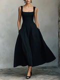 Women's Black Cotton-Blend Maxi Dress With Wide Square Neck Thick Straps & Side Patch Pockets, Minimalist Elegant Formal Swing Dress MDZ2269F2LYL