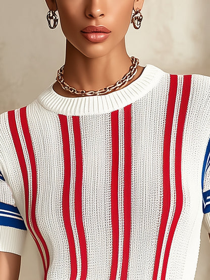 White Knit Short Sleeve Top With Red And Blue Stripes