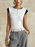 White Ribbed Knit Tank Top With Zip Neck And Navy Trim