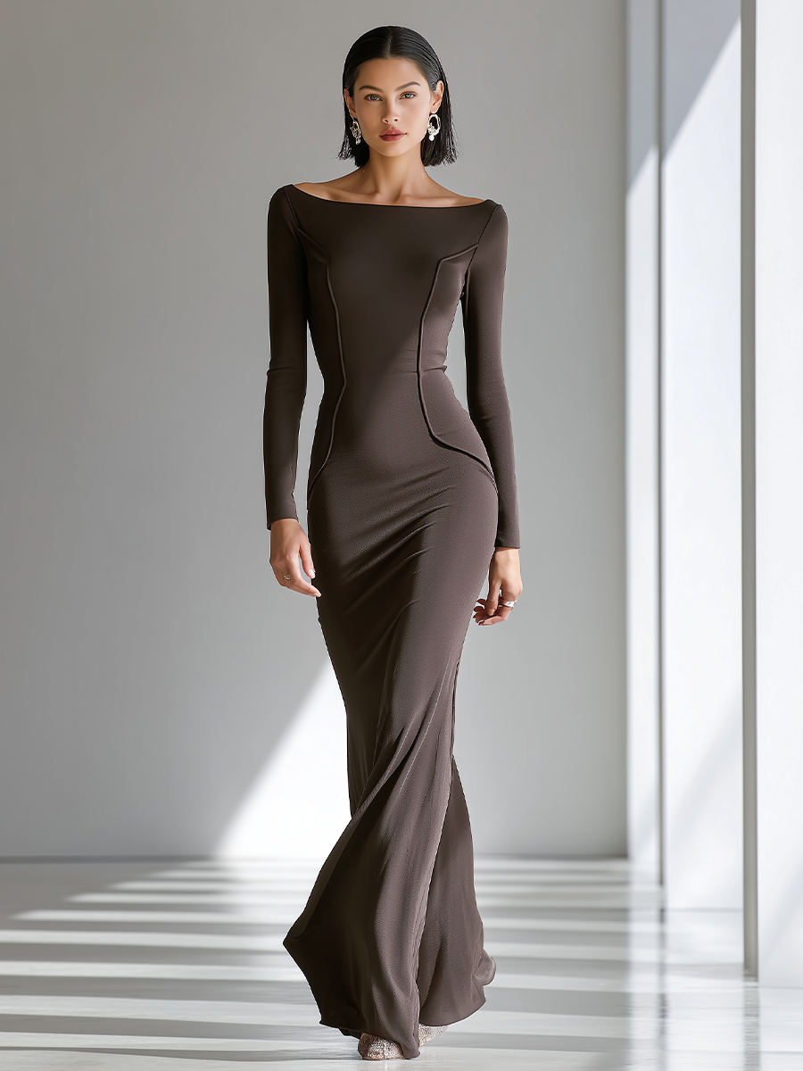Women's Chocolate Brown Figure-Hugging Jersey Gown With Wide Boat Neck & Vertical Contour Seams, Contemporary Versatile Cocktail Floor Length Dress MDZ2653F0LYL