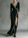 Women's Black Soft Knit Maxi Wrap Dress With White Contrast Striped Trim & High Thigh Slit, Elegant Night Out Bodycon Evening Gown MDZ2666F6LYL