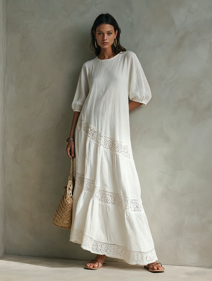 Women's Casual White Woven Midi Dress With A Round Neck And Mid-length Sleeves MDZ2601F8LXY