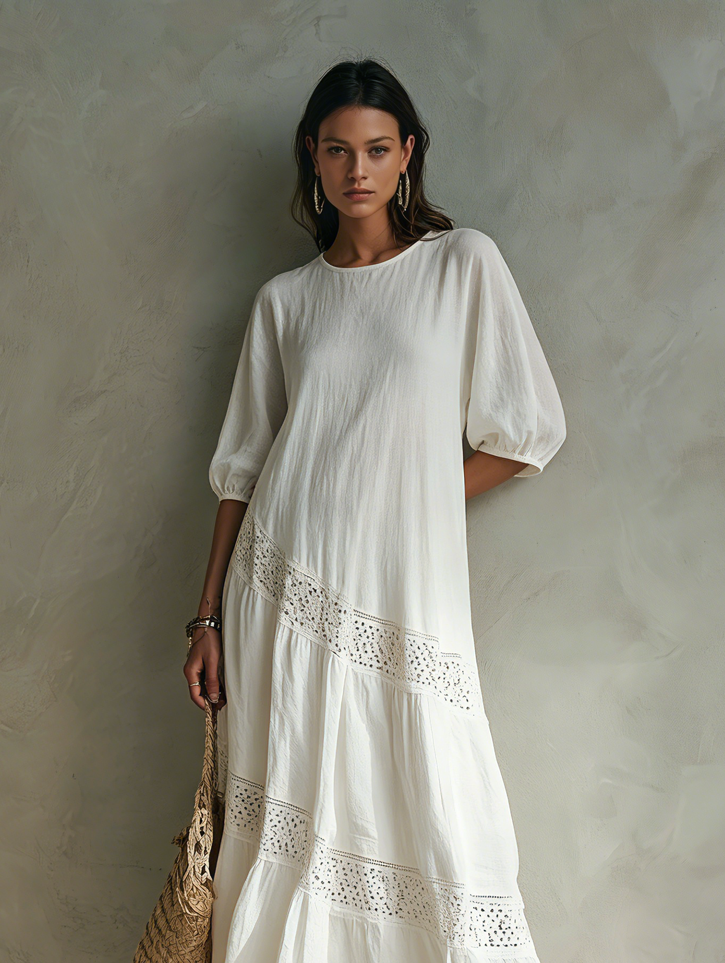 Women's Casual White Woven Midi Dress With A Round Neck And Mid-length Sleeves MDZ2601F8LXY