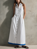 Women's Casual White Woven Sleeveless Collared Maxi Dress MDZ2619F4LXY