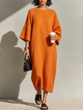 Women's Burnt Orange Linen Blend Maxi Dress With Contrast White Topstitch Seams & Dolman Three Quarter Sleeves, Minimalist Loose Loungewear Maxi Dress MDZ3035F1LYL