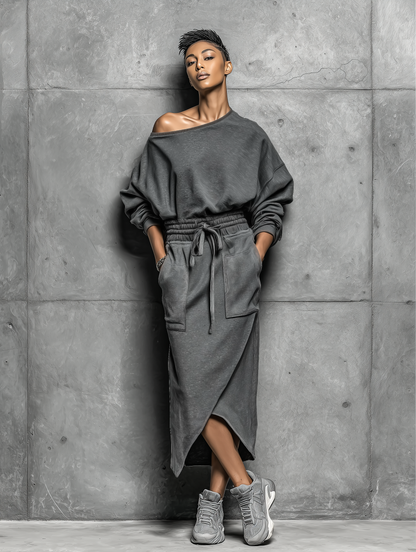 Women's Dark Grey Off-shoulder Sweatshirt-style Dress With A Drawstring Waist And Asymmetric Hem MDZ3039F2T