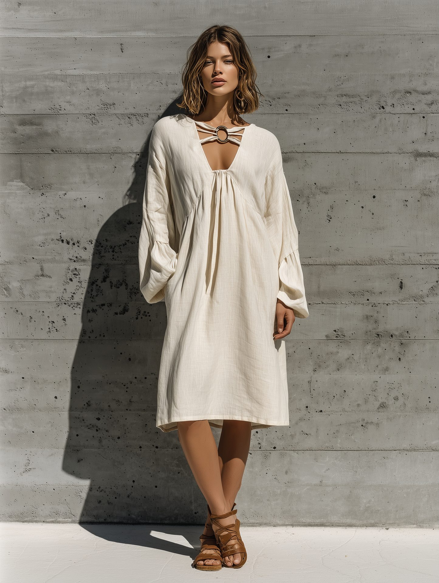 Women’s Resort Wear Beige Linen Oversized Long Bubble Sleeve Front Ring Cutout Flowy Midi Shift Dress MDZ3060F0T