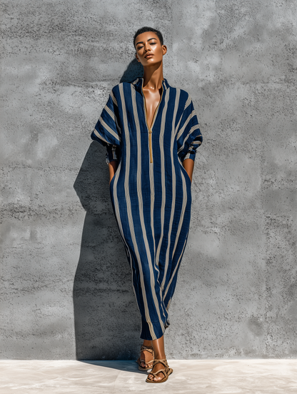 Women’s Navy White Vertical Stripe Linen Stand Collar Gold Half Zip Cuffed Batwing Sleeve Loose Midi Kaftan Dress With Side Pockets MDZ3034F9T