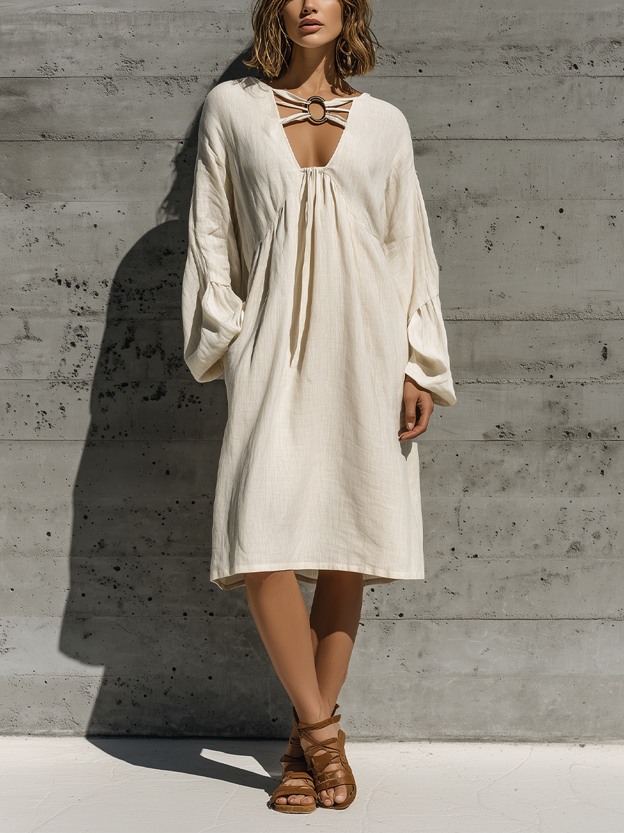 Women’s Resort Wear Beige Linen Oversized Long Bubble Sleeve Front Ring Cutout Flowy Midi Shift Dress MDZ3060F0T