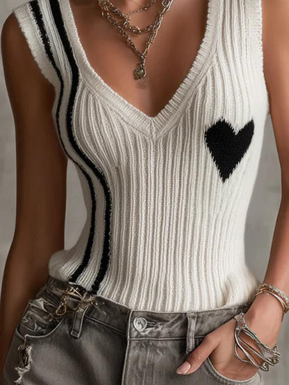 White Ribbed Knit Sleeveless Heart Pattern V-Neck Vest