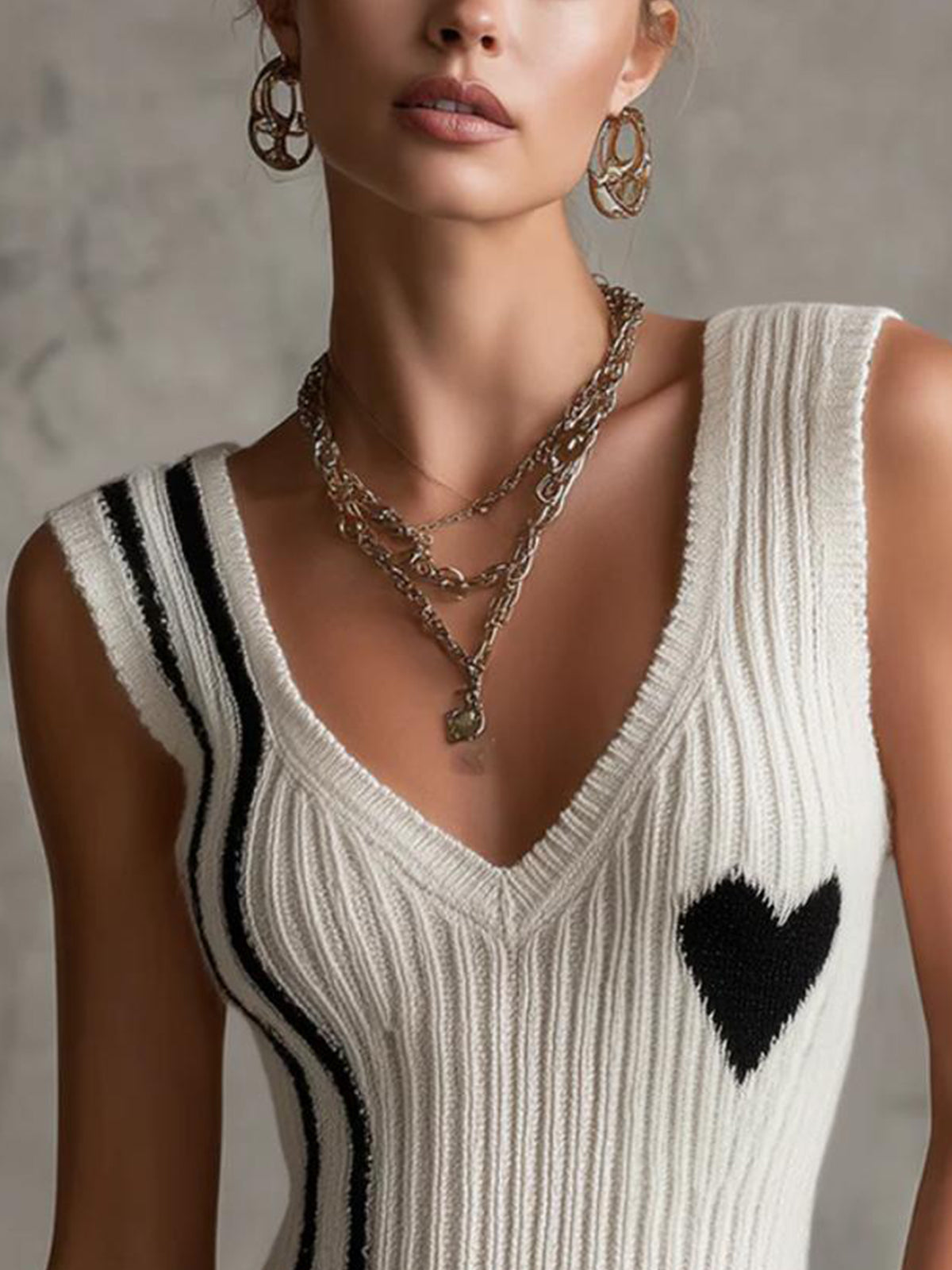 White Ribbed Knit Sleeveless Heart Pattern V-Neck Vest