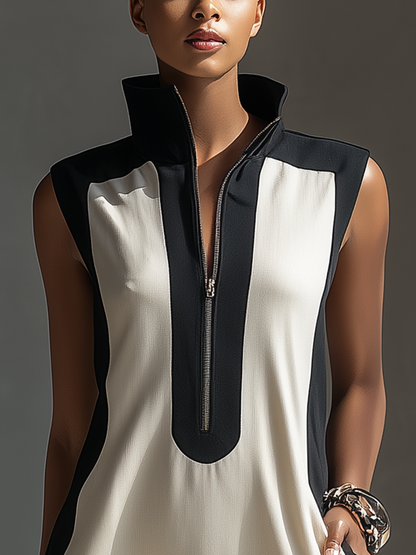 Women's Black & White Color-Block Mini Dress With Stand Collar & Half-Zip Detail MDZ1152B0T
