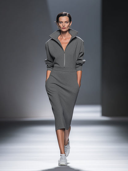 Women's Casual Cotton Polyester Half  Zip Midi Dress MDA0570H1I