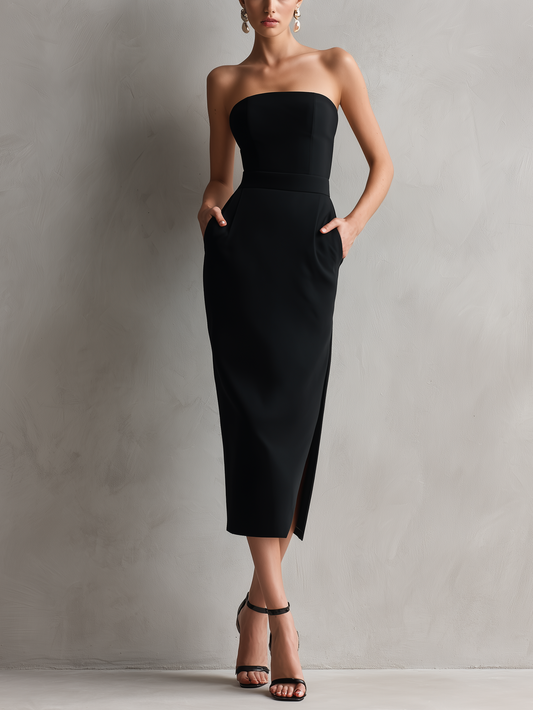 Women's Elegant Black Stretch Strapless Bodycon Midi Dress MDZ0669A6AN