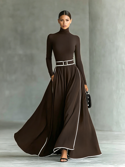 Women's Black Stitching White Trim High Collar Long Sleeve Tight Belt Maxi Dress MDA1031G0Y